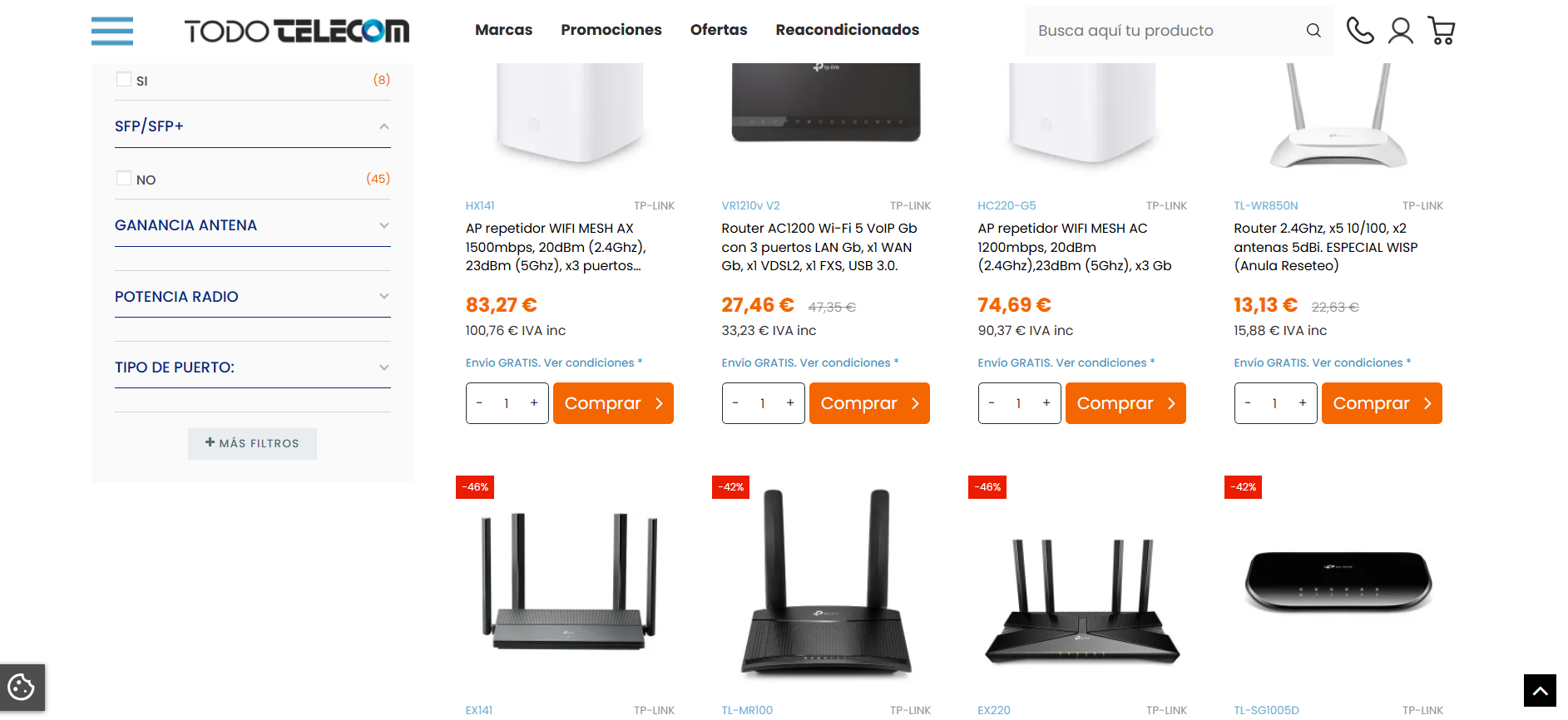 Captura de pantalla de TodoTelecom.com - Productos TP-Link